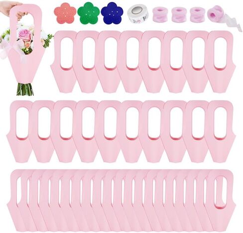 50 Pcs Kraft Paper Flowers Gift Bags with Handle, Bouquet Bags Hanging with Ribbon Sticker Rose Thorn Remover, Cone Floral Wrapping Paper Bag for Wedding Graduation Party Florist (Kraft Paper) in Saudi Arabia