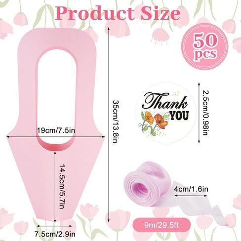 50 Pcs Kraft Paper Flowers Gift Bags with Handle, Bouquet Bags Hanging with Ribbon Sticker Rose Thorn Remover, Cone Floral Wrapping Paper Bag for Wedding Graduation Party Florist (Kraft Paper) in Saudi Arabia