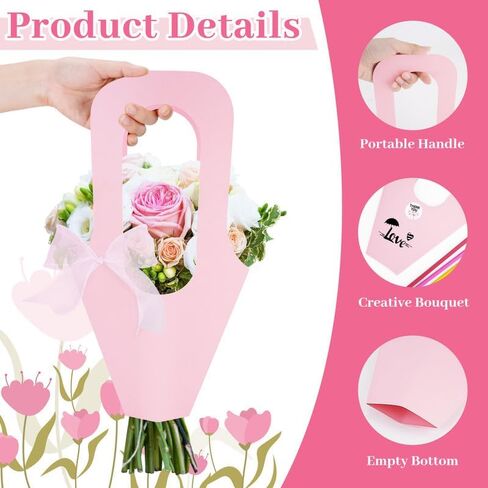 50 Pcs Kraft Paper Flowers Gift Bags with Handle, Bouquet Bags Hanging with Ribbon Sticker Rose Thorn Remover, Cone Floral Wrapping Paper Bag for Wedding Graduation Party Florist (Kraft Paper) in Saudi Arabia