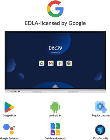 لوحة ذكية سعة 65 بوصة 4K - لوح تفاعلي معتمد من Google EDLA ، Android 14 OS ، لمسة من 50 نقطة ، صب لاسلكي - السبورة الرقمية للفصول الدراسية والمكاتب الهجينة (اللوحة فقط) in Kuwait