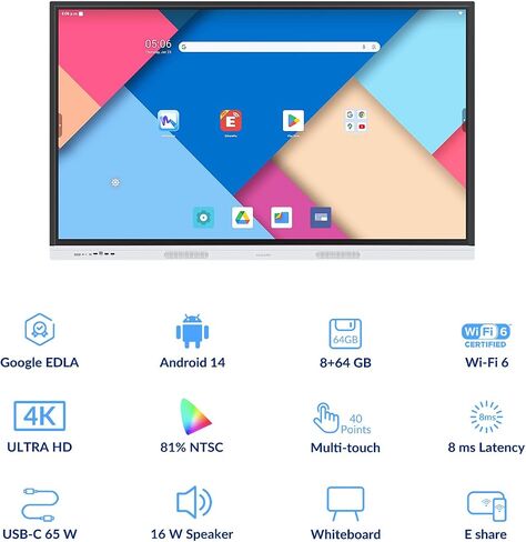 لوحة ذكية سعة 65 بوصة 4K - لوح تفاعلي معتمد من Google EDLA ، Android 14 OS ، لمسة من 50 نقطة ، صب لاسلكي - السبورة الرقمية للفصول الدراسية والمكاتب الهجينة (اللوحة فقط) in Kuwait