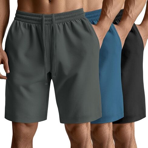 Neer 3 Pack Men's Basketball Shorts Drawstring Athletic Loose Gym Cotton Workout Summer Casual Running Pants with Pockets in Kuwait
