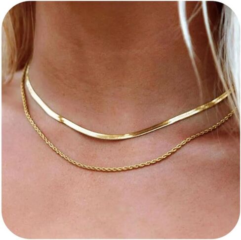 Gold Herringbone Necklace for Women Dainty 18K Gold Plated Layered Snake Chain Choker Necklaces Jewelry Set for Women in Kuwait