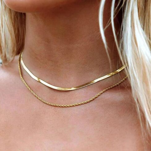 Gold Herringbone Necklace for Women Dainty 18K Gold Plated Layered Snake Chain Choker Necklaces Jewelry Set for Women in Kuwait