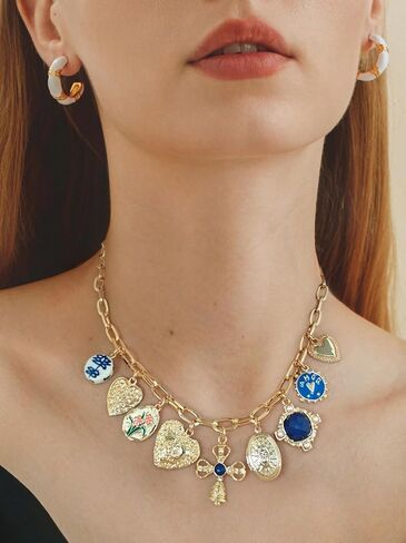 LILIE&WHITE Gold Charms Necklace For Women Heart Pendant Necklace With Crystal Chic Chain Link Necklaces Trendy Bead Gold Necklace Jewelry in Kuwait