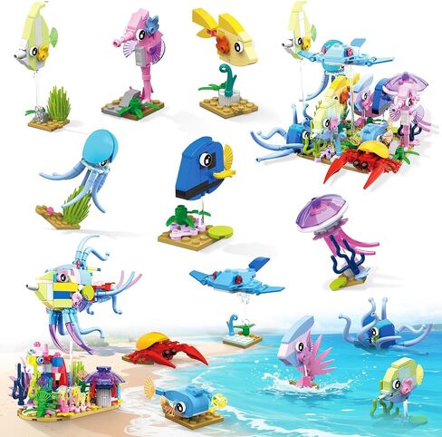 Animals Building Toys Party Favors for Kids, 12 in 2 Creative Building Set Mini Sea World, Prizes for Kids Classroom Goodie Bag Fillers Stuffers, Birthday Toys Gifts for Boys Girls Age 6-12 in Saudi Arabia