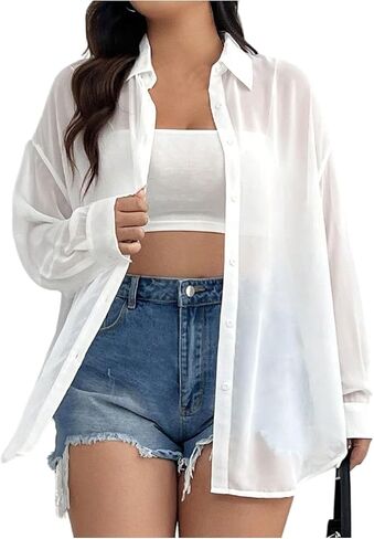 OYOANGLE Women's Plus Size Mesh Sheer Long Sleeve Button Down Shirts See Through Loose Summer Top in Kuwait