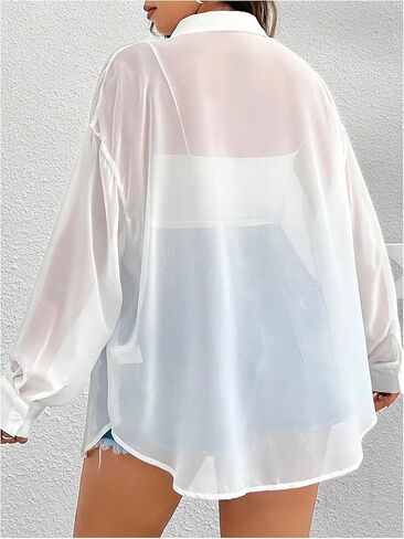 OYOANGLE Women's Plus Size Mesh Sheer Long Sleeve Button Down Shirts See Through Loose Summer Top in Kuwait