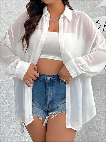 OYOANGLE Women's Plus Size Mesh Sheer Long Sleeve Button Down Shirts See Through Loose Summer Top in Kuwait
