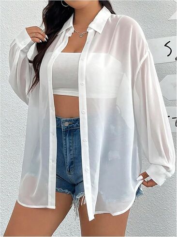 OYOANGLE Women's Plus Size Mesh Sheer Long Sleeve Button Down Shirts See Through Loose Summer Top in Kuwait