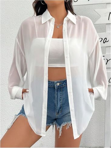OYOANGLE Women's Plus Size Mesh Sheer Long Sleeve Button Down Shirts See Through Loose Summer Top in Kuwait