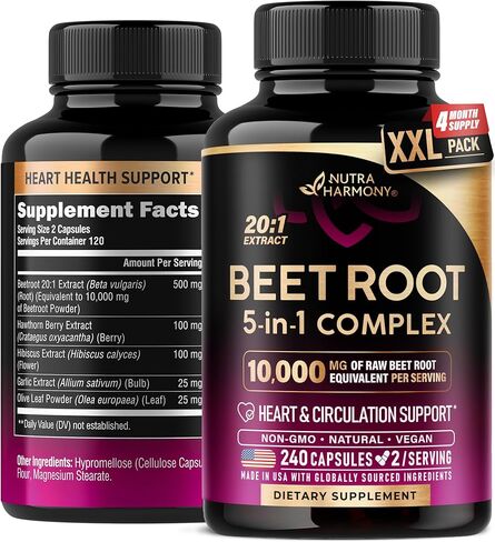 Beet Root Capsules - Healthy Blood Pressure Support Supplement** for Heart & Circulation Support - with Hawthorn Berry, Hibiscus & Garlic - Nitric Oxide for Energy - Made in USA, 120 Capsules in Kuwait