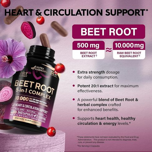 Beet Root Capsules - Healthy Blood Pressure Support Supplement** for Heart & Circulation Support - with Hawthorn Berry, Hibiscus & Garlic - Nitric Oxide for Energy - Made in USA, 120 Capsules in Kuwait