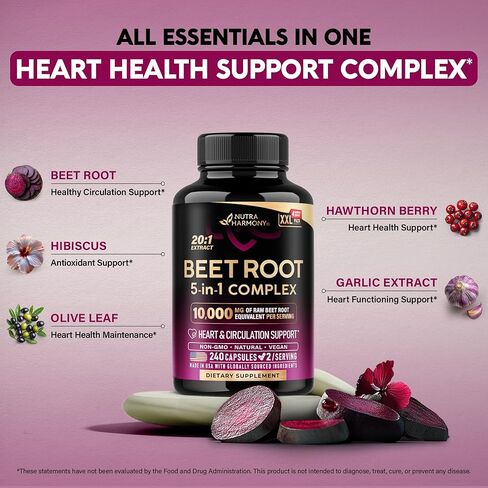 Beet Root Capsules - Healthy Blood Pressure Support Supplement** for Heart & Circulation Support - with Hawthorn Berry, Hibiscus & Garlic - Nitric Oxide for Energy - Made in USA, 120 Capsules in Kuwait
