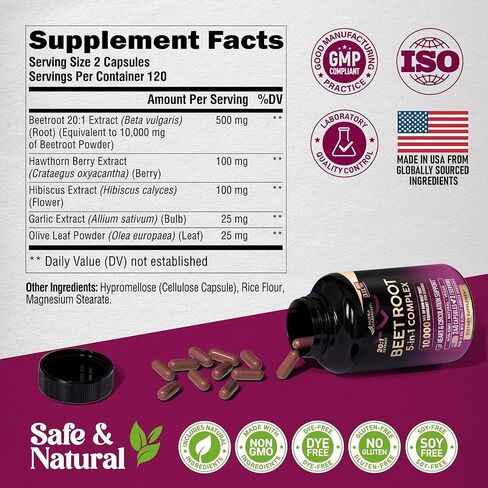 Beet Root Capsules - Healthy Blood Pressure Support Supplement** for Heart & Circulation Support - with Hawthorn Berry, Hibiscus & Garlic - Nitric Oxide for Energy - Made in USA, 120 Capsules in Kuwait