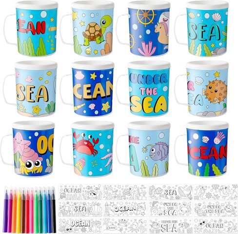 Father's Day Color Your Own Mugs for Kids - 12Pcs Best Dad Ever 8oz Personalized Coffee Mugs with 36Pcs Religious Theme Insert Paper DIY Plastic Cups for Holiday Party Sunday School Home Activities in Kuwait