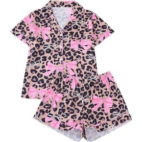 SHENHE Women's 2 Piece Pajama Set Bow Graphic Button Down Short Sleeve Lapel Shirt Pj Short Set in Kuwait