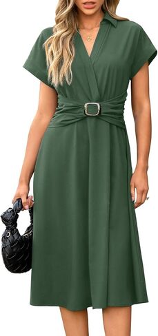 Newshows Women Button Down Tailored Fitted Shift Dress Free Wrinkle Wear to Work Business Casual Outfits Midi Office Clothes in Kuwait