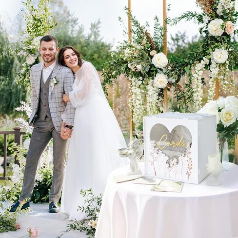 OurWarm Brown Wedding Card Box for Reception with Heart Acrylic Window, Wooden Gift Card Box for Wedding with Flower Pattern, Vintage Card Box for Graduation Birthday Party Anniversary Baby Shower in Kuwait