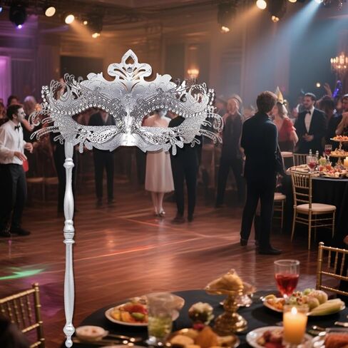 قناع تنكري البندقية مع مقبض ، تصميم فليجري مع أحجار الراين ، قناع عصا محمولة لماردي غرا in Kuwait