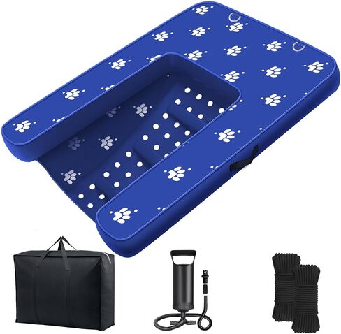 Inflatable Dock Platform, Dog Boat Ramp Floating Non-Slip Oxford and PVC with Water Ramp for Dogs Pool, Dock, Lake,Boat, with Traction Rope, Inflation Pump Blue (4.7ft x 3ft x 6in) in Kuwait