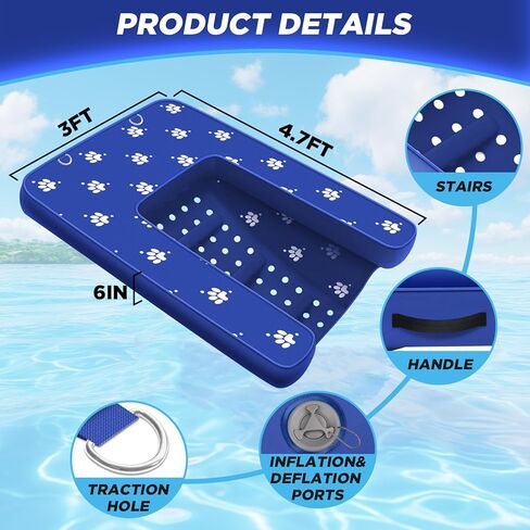 Inflatable Dock Platform, Dog Boat Ramp Floating Non-Slip Oxford and PVC with Water Ramp for Dogs Pool, Dock, Lake,Boat, with Traction Rope, Inflation Pump Blue (4.7ft x 3ft x 6in) in Kuwait
