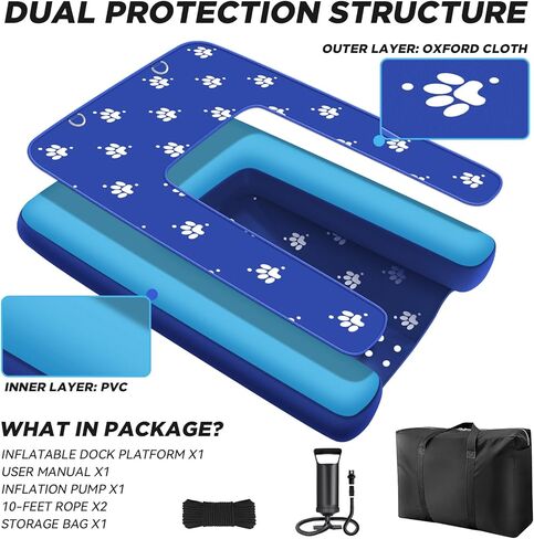 Inflatable Dock Platform, Dog Boat Ramp Floating Non-Slip Oxford and PVC with Water Ramp for Dogs Pool, Dock, Lake,Boat, with Traction Rope, Inflation Pump Blue (4.7ft x 3ft x 6in) in Kuwait