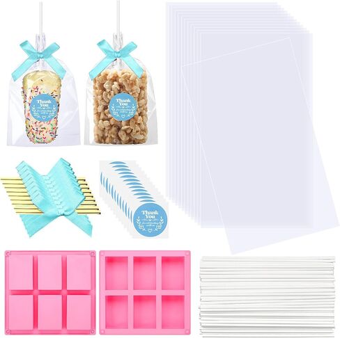 wavwavw 100 pcs clear rice krispy facs with bhite sticks ripbon stickers 2 pcs silicone crispy bar joll for rice krispie يعالج الهدايا إعطاء حقيبة شوكولاتة لحفلات التعبئة والتغليف in Saudi Arabia
