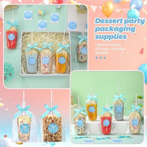 wavwavw 100 pcs clear rice krispy facs with bhite sticks ripbon stickers 2 pcs silicone crispy bar joll for rice krispie يعالج الهدايا إعطاء حقيبة شوكولاتة لحفلات التعبئة والتغليف in Saudi Arabia