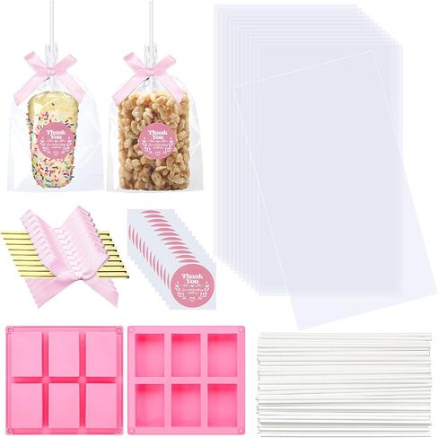 Wavwavw 100 Pcs Clear Rice Krispy Treat Bags with White Sticks Ribbon Stickers 2 Pcs Silicone Crispy Cereal Bar Mold for Rice Krispie Treats Gift Giving Bag Chocolate Dessert Party Packaging Supplies in Saudi Arabia