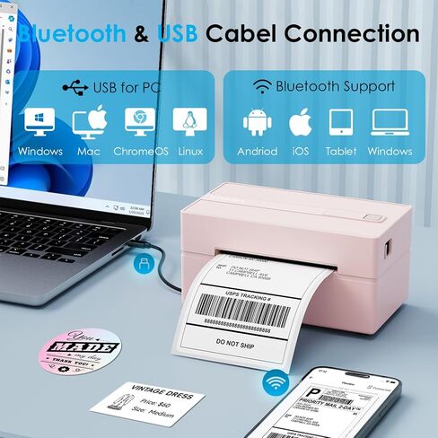 Bluetooth Thermal Shipping Label Printer, 4x6 Wireless Thermal Address Label Printer for Small Bussiness, Compatible with iPhone,Android,Windows,Mac,Chromebook –Works with eBay Shopify USPS&More in Kuwait