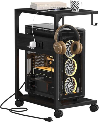 2 Tier Computer Tower Stand with Charging Station, Floor PC Stand Fits Under Desk, Rolling C Shaped End Table with USB Port, CPU Holder Cart for Carpet with Hooks, Home Office in Kuwait