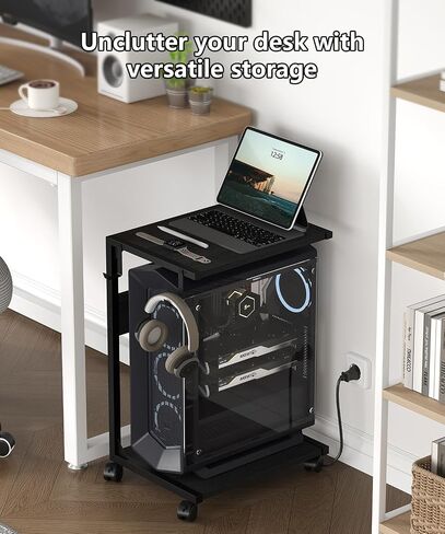 2 Tier Computer Tower Stand with Charging Station, Floor PC Stand Fits Under Desk, Rolling C Shaped End Table with USB Port, CPU Holder Cart for Carpet with Hooks, Home Office in Kuwait
