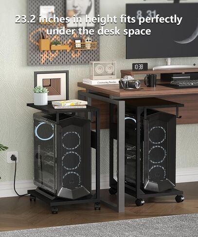 2 Tier Computer Tower Stand with Charging Station, Floor PC Stand Fits Under Desk, Rolling C Shaped End Table with USB Port, CPU Holder Cart for Carpet with Hooks, Home Office in Kuwait