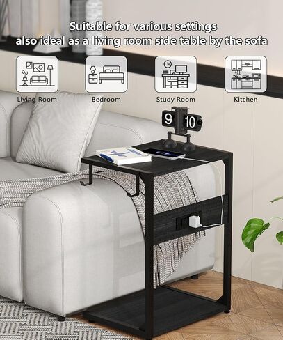 2 Tier Computer Tower Stand with Charging Station, Floor PC Stand Fits Under Desk, Rolling C Shaped End Table with USB Port, CPU Holder Cart for Carpet with Hooks, Home Office in Kuwait