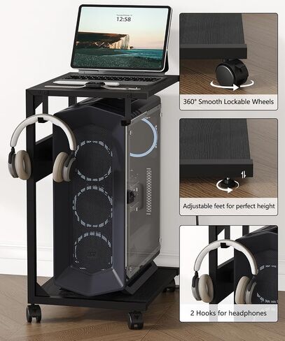 2 Tier Computer Tower Stand with Charging Station, Floor PC Stand Fits Under Desk, Rolling C Shaped End Table with USB Port, CPU Holder Cart for Carpet with Hooks, Home Office in Kuwait