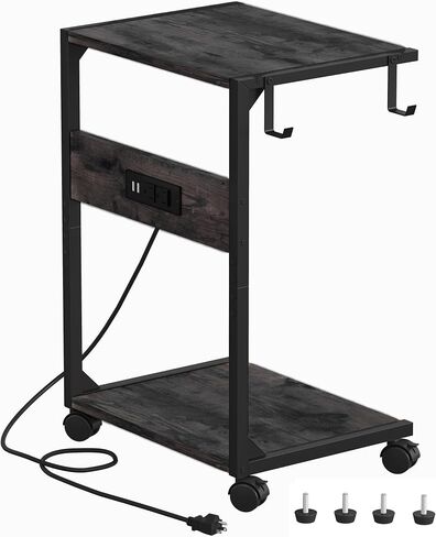 2 Tier Computer Tower Stand with Charging Station, Floor PC Stand Fits Under Desk, Rolling C Shaped End Table with USB Port, CPU Holder Cart for Carpet with Hooks, Home Office in Kuwait