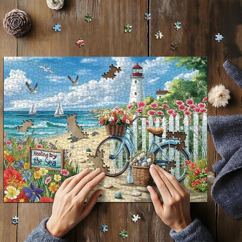 Beach Puzzles for Adults 1000 Piece, Rainbow Beach Lounge Chair Summer Puzzle, Colorful Ocean Jigsaw Puzzle Scenery as Coastal Wall Art in Saudi Arabia