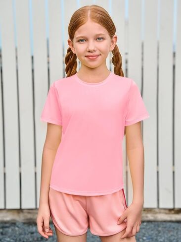 Haloumoning Girls Athletic Shirts Short Sleeve Dry Fit T-Shirt Kids Summer Curved Hem Tee Tops 5-14 Years in Kuwait