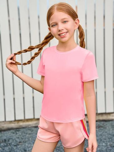 Haloumoning Girls Athletic Shirts Short Sleeve Dry Fit T-Shirt Kids Summer Curved Hem Tee Tops 5-14 Years in Kuwait