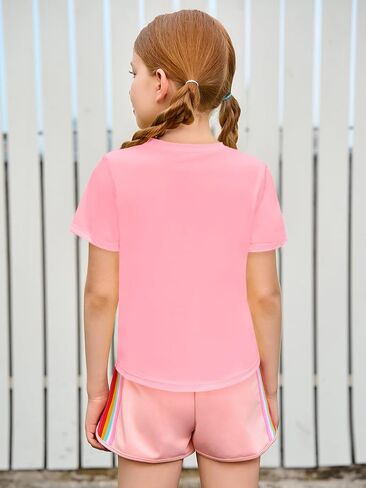 Haloumoning Girls Athletic Shirts Short Sleeve Dry Fit T-Shirt Kids Summer Curved Hem Tee Tops 5-14 Years in Kuwait