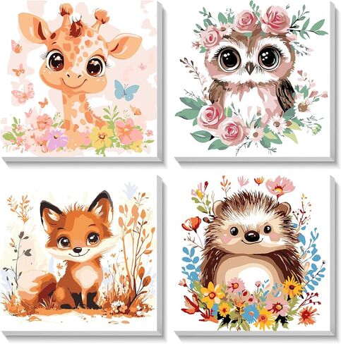 HEIBAGO Framed Paint by Numbers Kit for Kids, 4 Pack Cute Animals Paint by Number for Kids, Paint by Numbers Children Beginner, DIY Acrylic Oil Painting for Home Wall Decor 8x8 inch in Kuwait