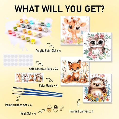 HEIBAGO Framed Paint by Numbers Kit for Kids, 4 Pack Cute Animals Paint by Number for Kids, Paint by Numbers Children Beginner, DIY Acrylic Oil Painting for Home Wall Decor 8x8 inch in Kuwait