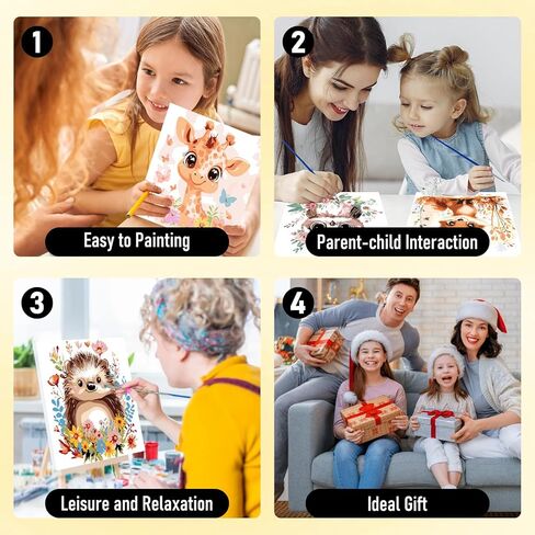 HEIBAGO Framed Paint by Numbers Kit for Kids, 4 Pack Cute Animals Paint by Number for Kids, Paint by Numbers Children Beginner, DIY Acrylic Oil Painting for Home Wall Decor 8x8 inch in Kuwait