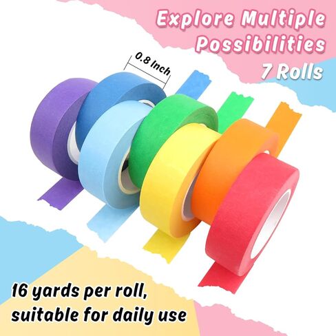 Colored Masking Tape - 7 Packs Colorful Artist Tape Painters Tape for Arts and Crafts 0.8 Inch x 16 Yards，Paper Tape for Crafts & DIY Projects，Early Learning & Crafting for Kids and Family in Saudi Arabia