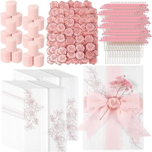 Fullhawl 50 Sets Wedding Invitations Wraps Set Rose Gold Foil Pre Folded Vellum Jackets for 5 x 7 Invitations Pink Dried Flowers Wax Seal Stickers Chiffon Silk Ribbon for Craft DIY in Kuwait