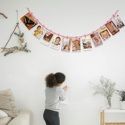 Hanging Photo Display With 12 Clips, 2pcs Wooden Bead Garland, Boho Style Collage Photo Frame Decoration for Dorms, Classrooms, Bedrooms（White） in Kuwait