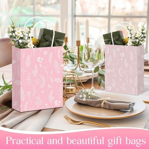 Kolldenn 50 Pcs Sage Green Wildflower Gift Bags with Handles Paper Floral Goodie Welcome Bag for Wedding Guest Baby Shower Bridal Birthday Party Favor, 5.91 x 3.15 x 8.27 Inches in Saudi Arabia