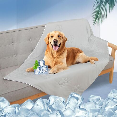 EXPAWLORER Premium Dog Cooling Blanket,High Q-MAX 0.4+ Cold Washable Pet Mat with Cute Paw Pattern for Hot Weather,Lightweight Summer Dog Cooling Mat for Puppy,Cat (Grey,28x40 inches) in Kuwait