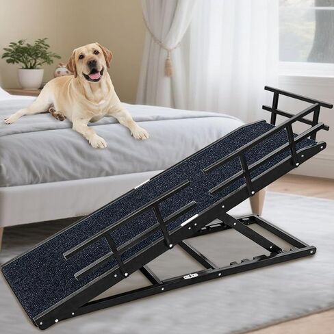 Dog Ramp for Bed - 65" Length, Supports up to 32" Height,Includes Non-Slip Replaceable Carpet, Safety Rails &Landing Platform,Adjustable & Foldable Pet Ramp for Large/Senior Dogs to Get on Bed -Walnut in Kuwait